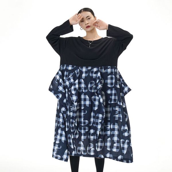 Customize Korean style original plaid patchwork dress 2025 spring new large size women's clothing loose and slim D02237