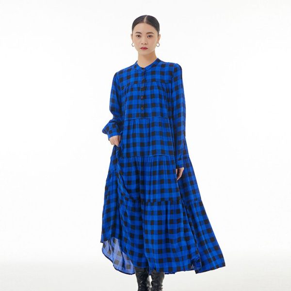 Customized fashion contrast color plaid cake skirt 2025 spring new large size women's loose slim dress D02242