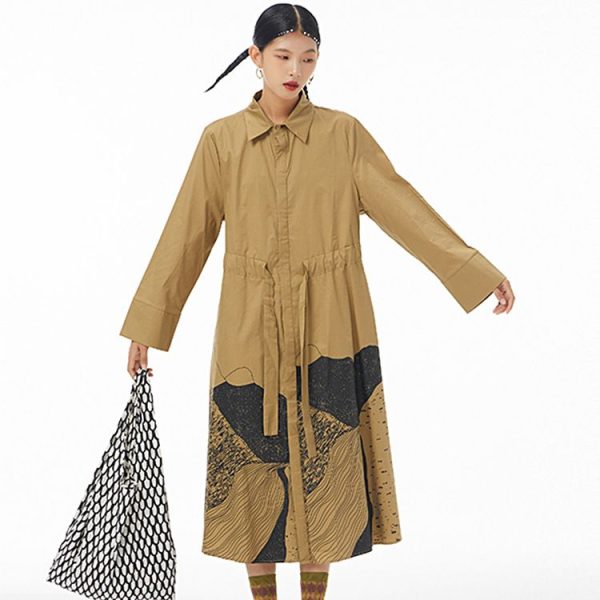 Customize Hepburn style jacket for women 2025 spring temperament original abstract print lace-up dress loose and slim D02254