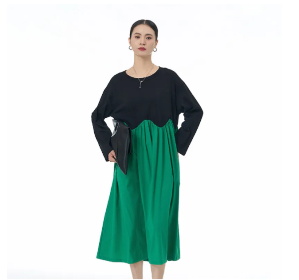 Korean design contrast color dress 2025 spring new large size women's clothing loose slim long sleeve trend D02262
