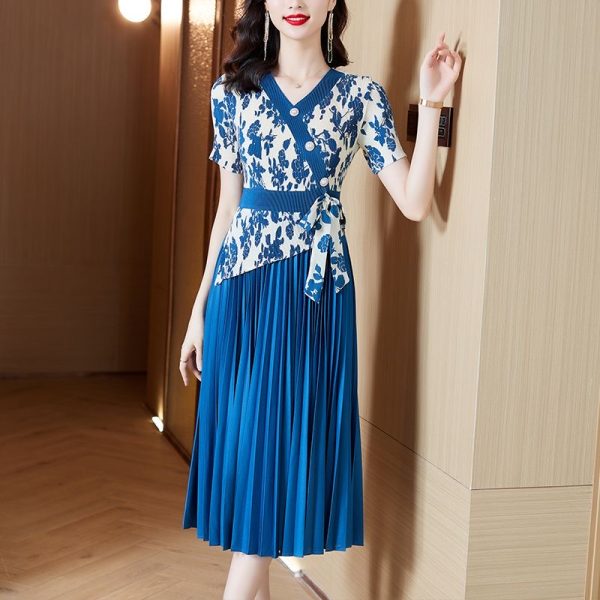Large size women's dress 2025 new V-neck temperament splicing slim mid-length skirt D02324