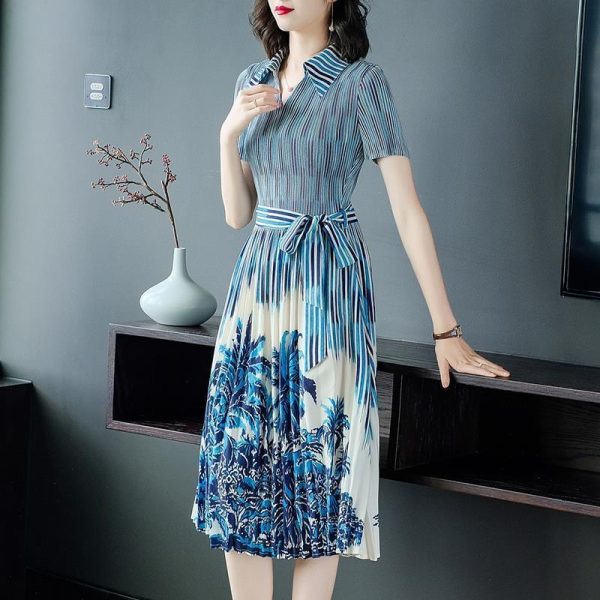 Large size women's dress 2025 summer temperament waist slimming medium long skirt D02353