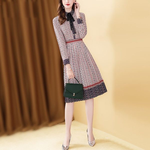 2025 plus size women's autumn fashion retro print long sleeve dress slim mid-length dress D02356