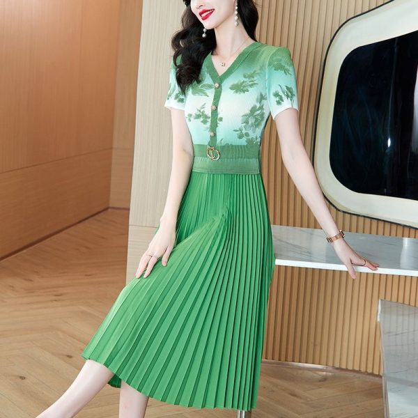 2025 plus size women's summer new dress gradient color printing slim temperament fashion medium long skirt D02357