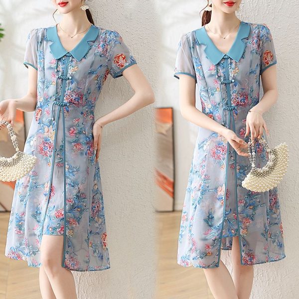 2025 plus size women's Chinese dress doll collar middle-aged summer dress temperament medium long skirt D02364