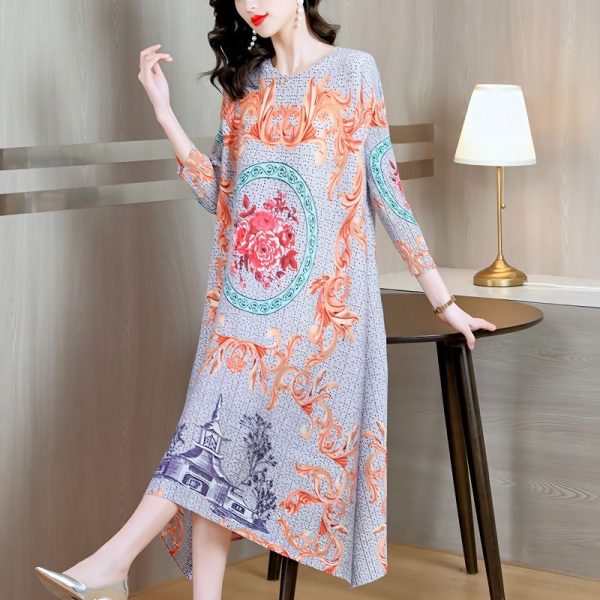 Plus size women's clothing 2025 fashion printed dress summer new round neck slim fit medium long skirt D02379