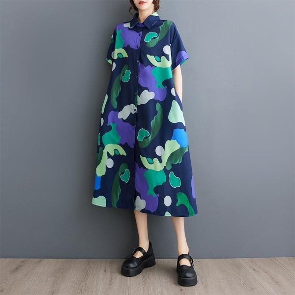 Plus Size Women's Loose Plus Size Summer Renaissance Short Sleeve Shirt Dress Midi Skirt D02387