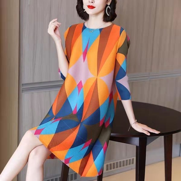 2025 Summer New Large Size Women's Fashion Slim Printed Long Sleeve Dress Midi Dress D02391
