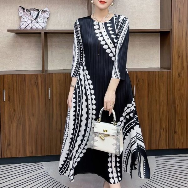 2025 summer new high-end printed temperament fashion slim dress popular medium-length skirt D02395