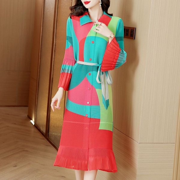 2025 plus size women's loose trumpet sleeve dress spring and autumn geometric mid-length skirt D02396