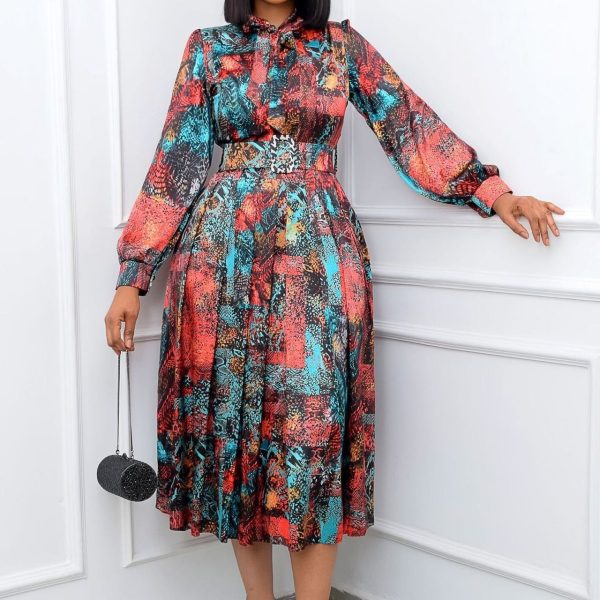 2025 plus size women's new long sleeve high waist printed banquet dress mid-length skirt D02360