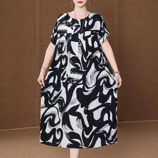 plus size women's new long sleeve high waist printed banquet dress mid-length skirt D02508