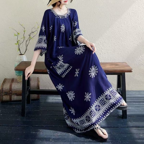 plus size women's new long sleeve high waist printed banquet dress mid-length skirt D02509